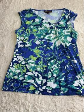Dana Buchman Women's Medium Blue Green Abstract Print Cap Sleeve Top